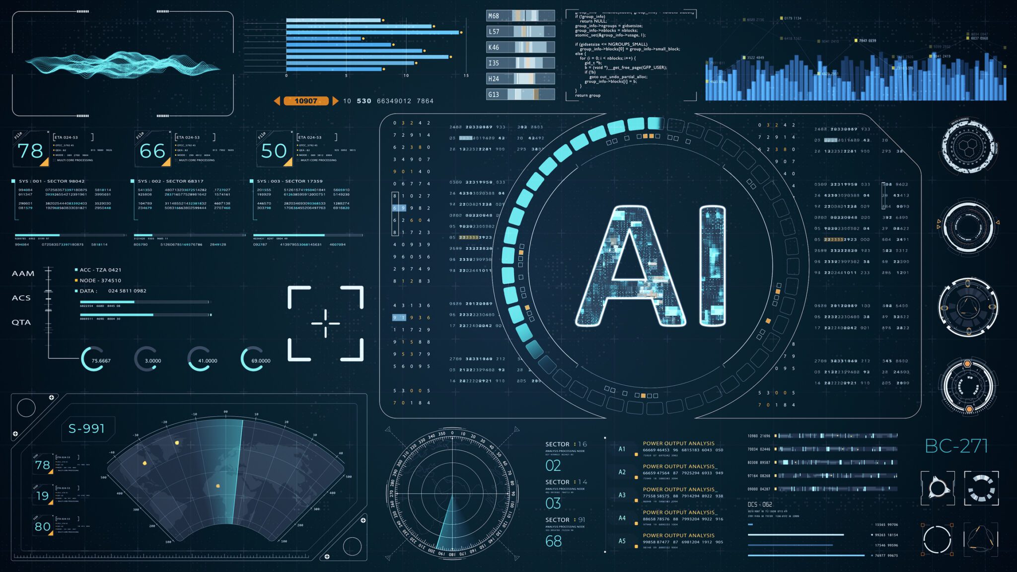 Blue digital AI with head up display (HUD UI) panel and futuristic technology abstract background artificial intelligence and robot assistant machine learning